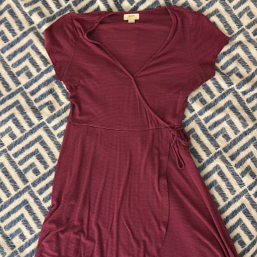 Pink with black pinstripes faux wrap dress by Maeve